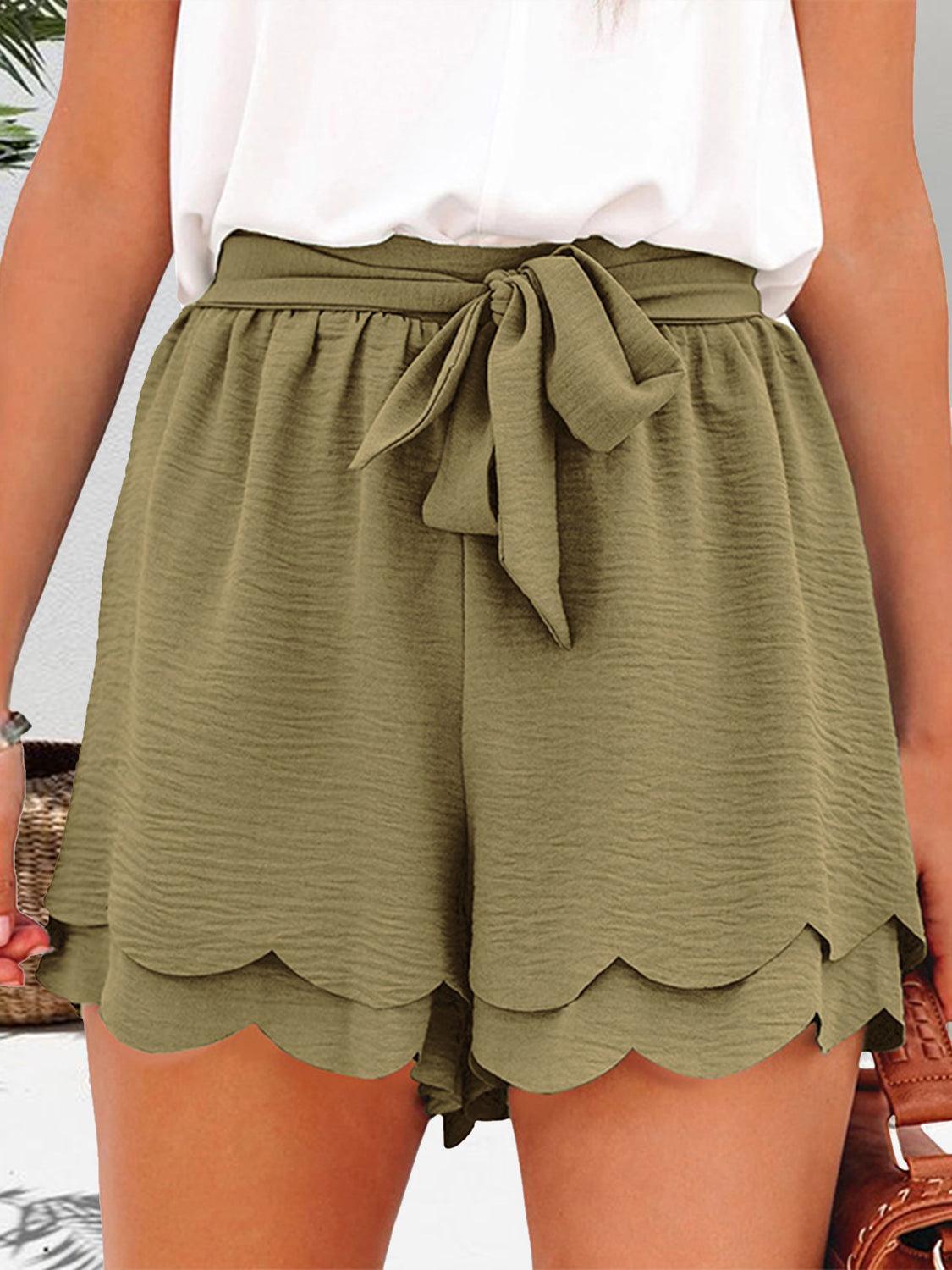 Tied Layered Scalloped Hem Shorts Moss