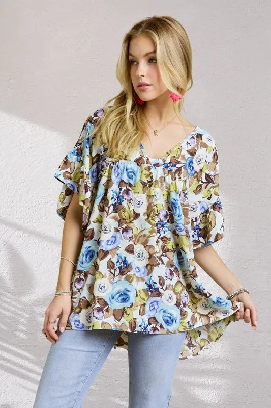 ADORA Floral Babydoll Tunic Top BLUE