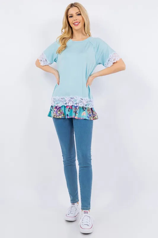 Celeste Full Size Lace Trim Short Sleeve Top Plus Size AZURE FLORAL