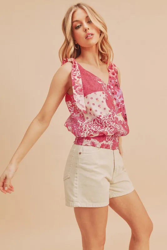 Aemi + Co Smocked Hem Printed Surplice Tank