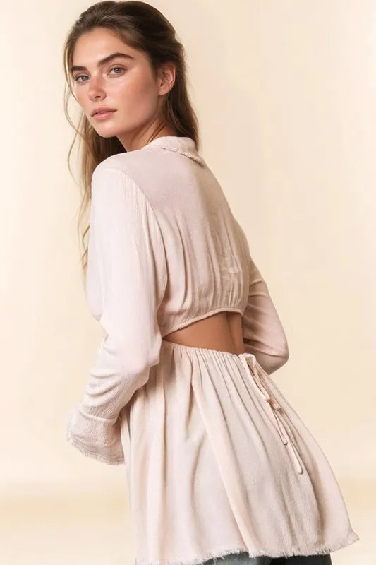 Davi & Dani V-Neck Open Back Adjustable Babydoll Shirt