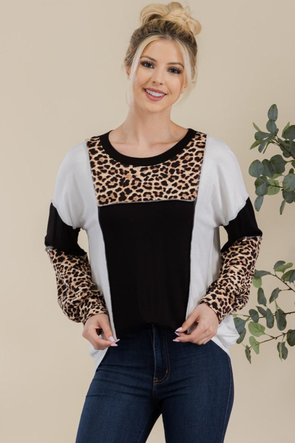 Celeste Full Size Leopard Color Block Exposed Seam T-Shirt Black Leopard