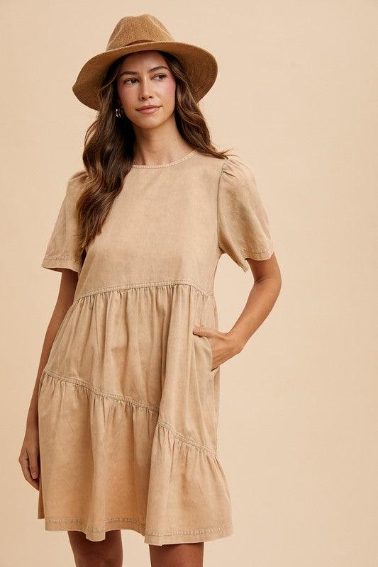 Annie Wear Mineral Washed Round Neck Short Sleeve Denim Dress Tan