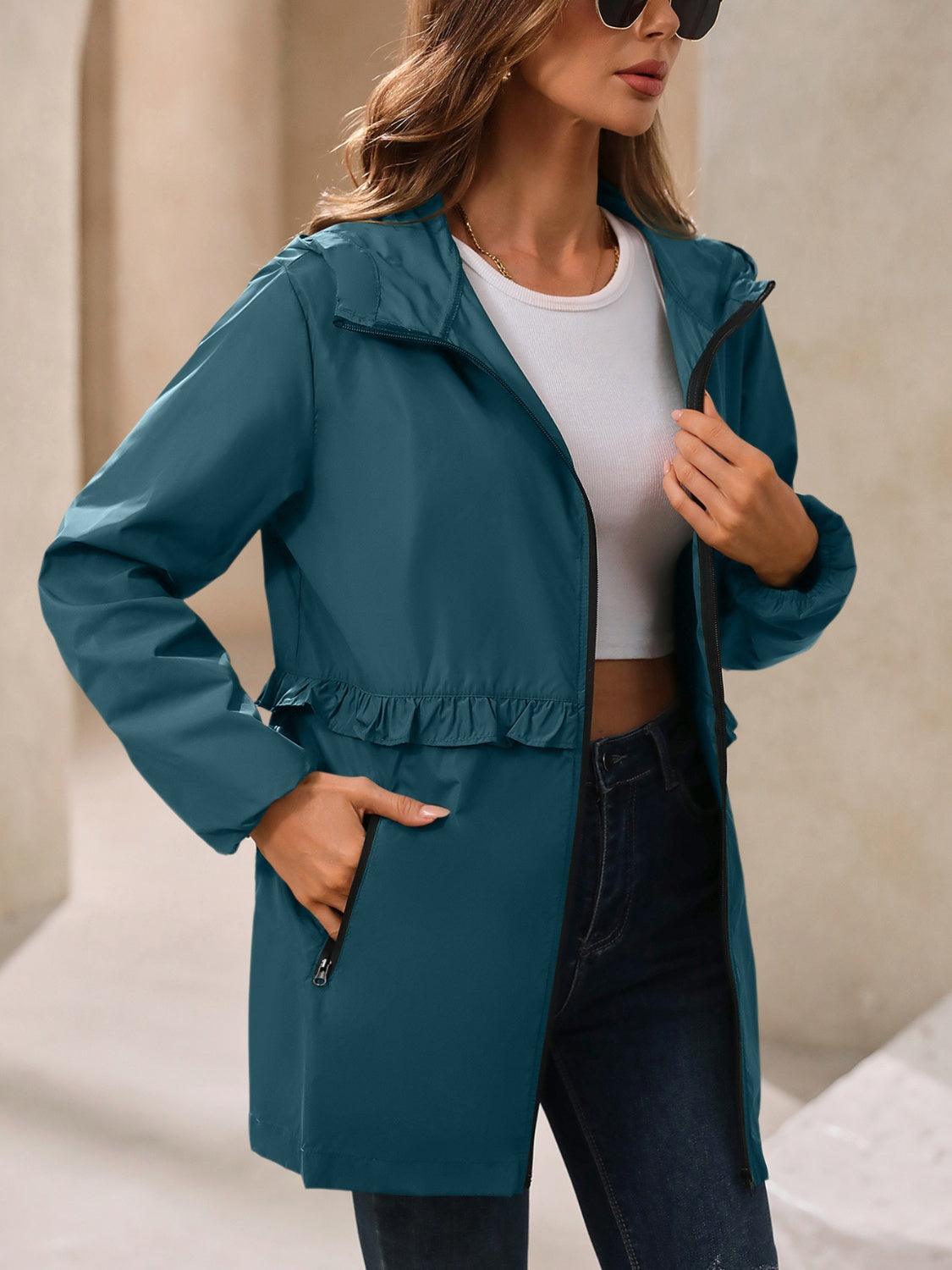 Ivy Lane Outdoor Waterproof Long Sleeve Hooded Windbreaker French Blue