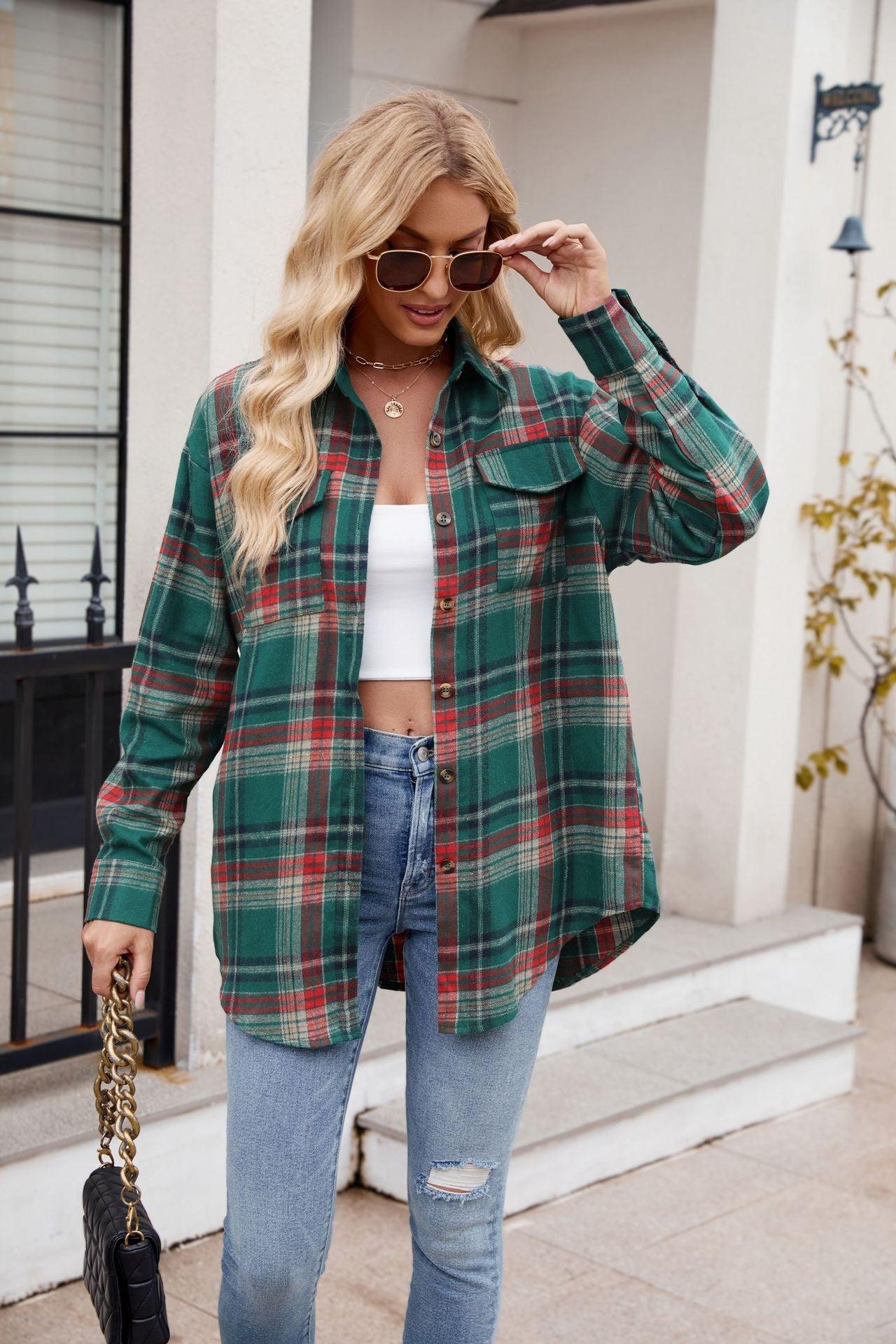 Mandy Plaid Button Up Long Sleeve Shirt Dark Green