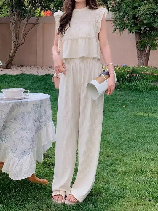 Ruffled Sleeveless Top and Wide Leg Pants Set