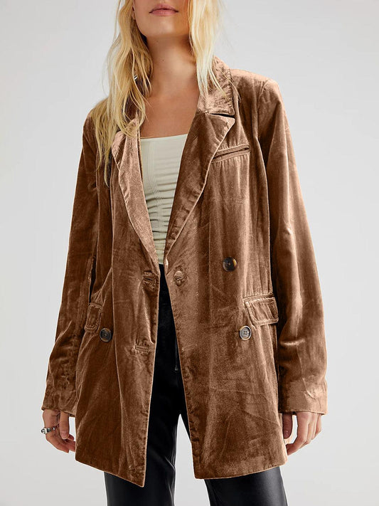 Lapel Collar Long Sleeve Blazer with Pockets Camel