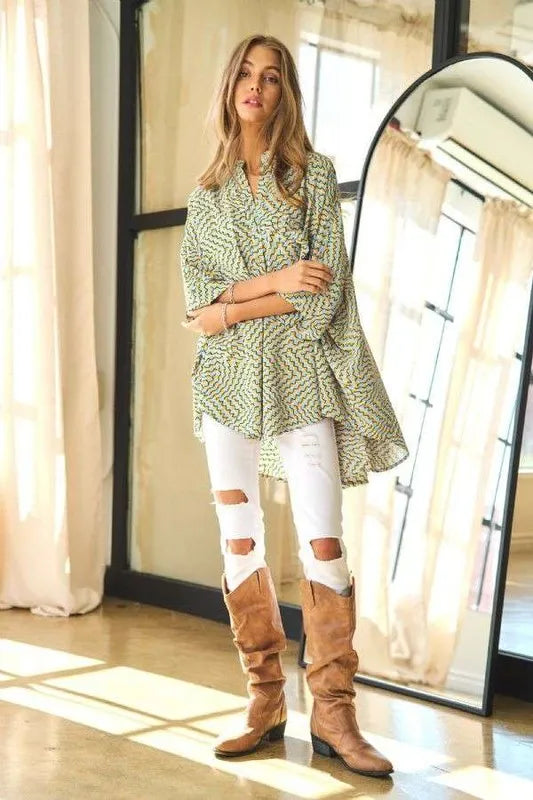 Davi & Dani Geo Printed Relaxed Fit Flowy Button Down Shirt