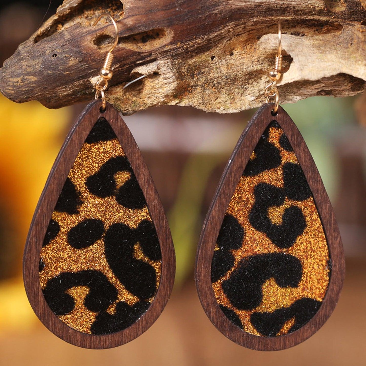Sequin Wood Teardrop Earrings Leopard One Size