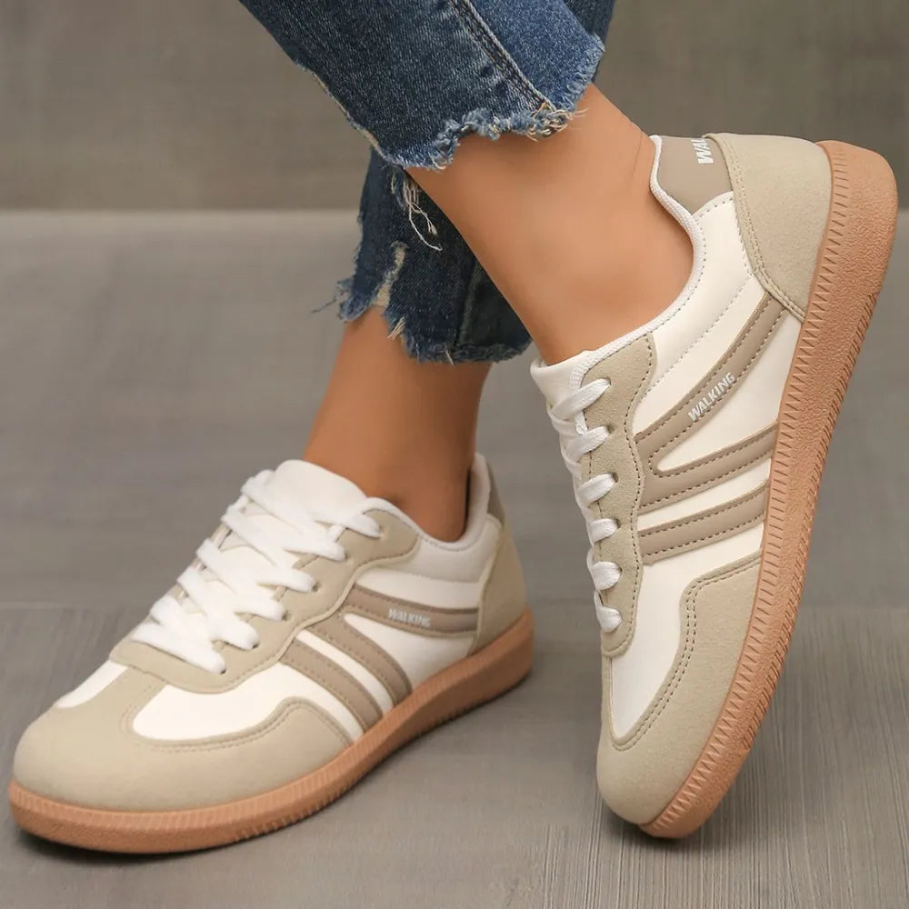 Contrast Round Toe Lace Up Sneakers Beige
