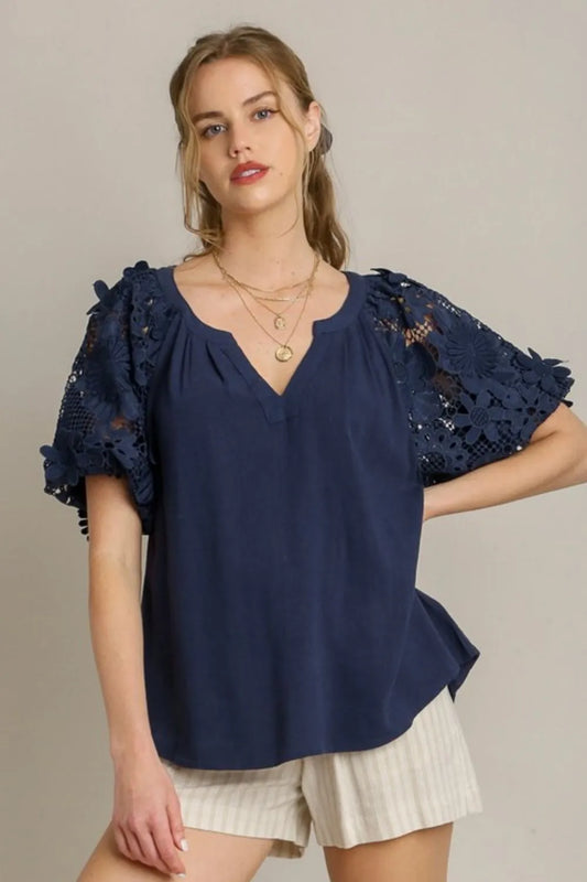 Umgee Full Size French Terry Boxy Cut Top with 3D Floral Sleeve Plus Size Dark Navy
