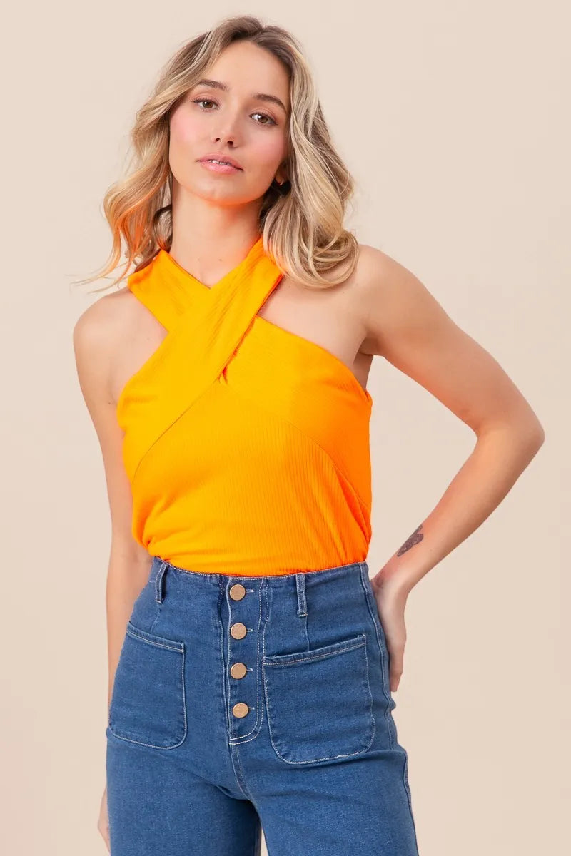BiBi Rib Knit Cross Neck Banded Top NEON ORANGE