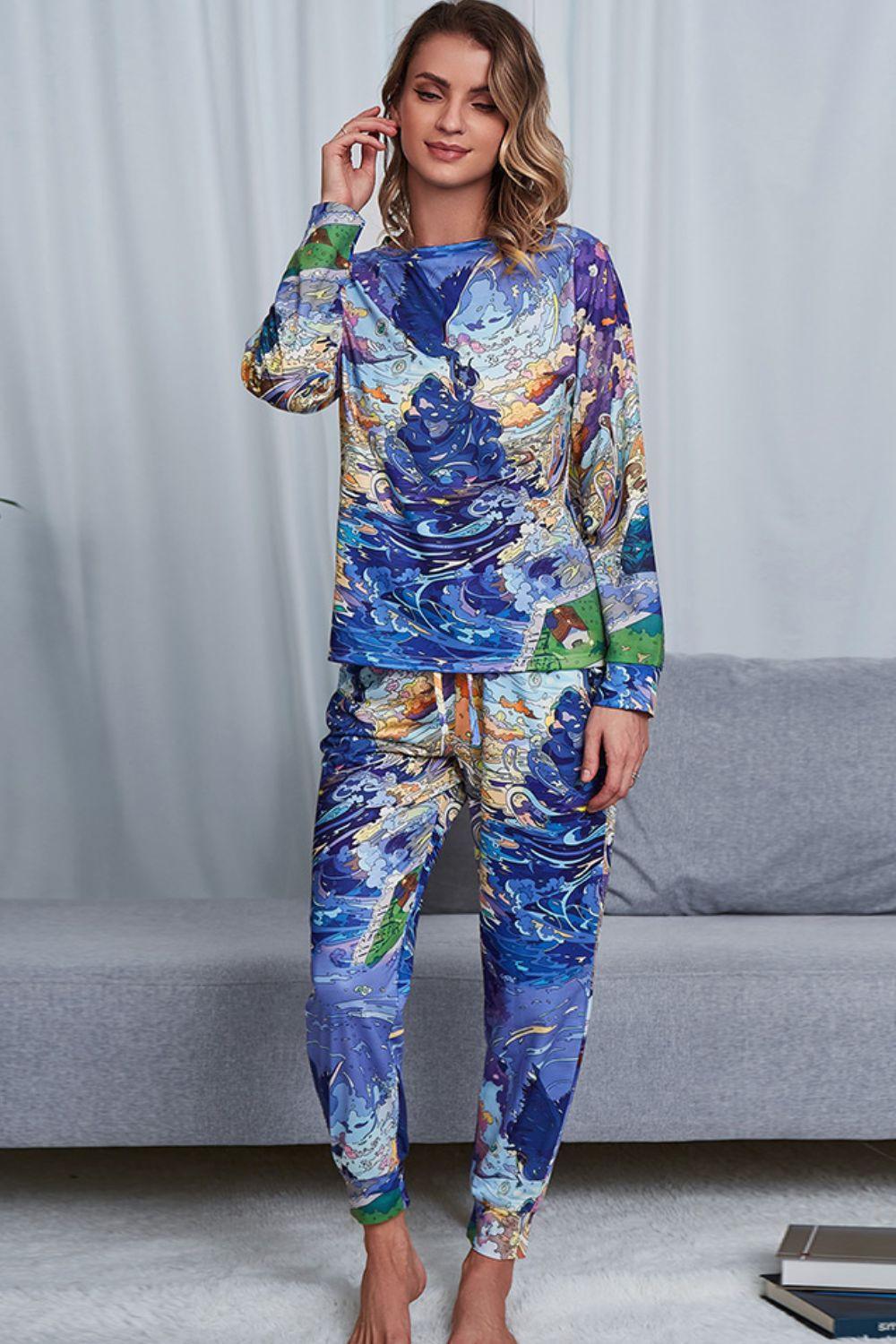 Shiny Tie-Dye Crewneck Top and Drawstring Waist Joggers Lounge Set Blue