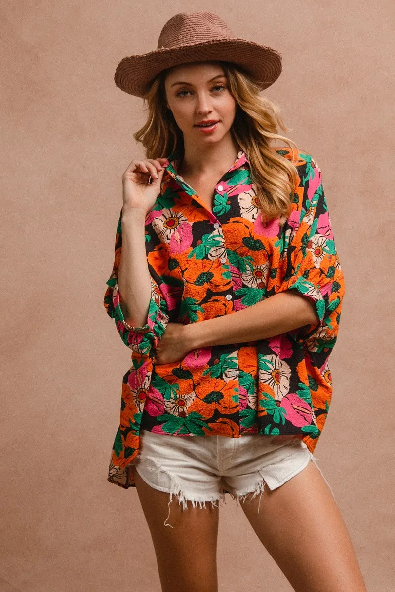 BiBi Floral Print Soft Crinkle Short Dolman Sleeves Blouse