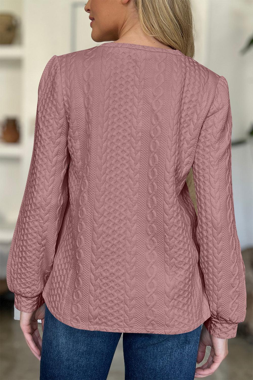 Textured Round Neck Long Sleeve Sweatshirt Dusty Pink