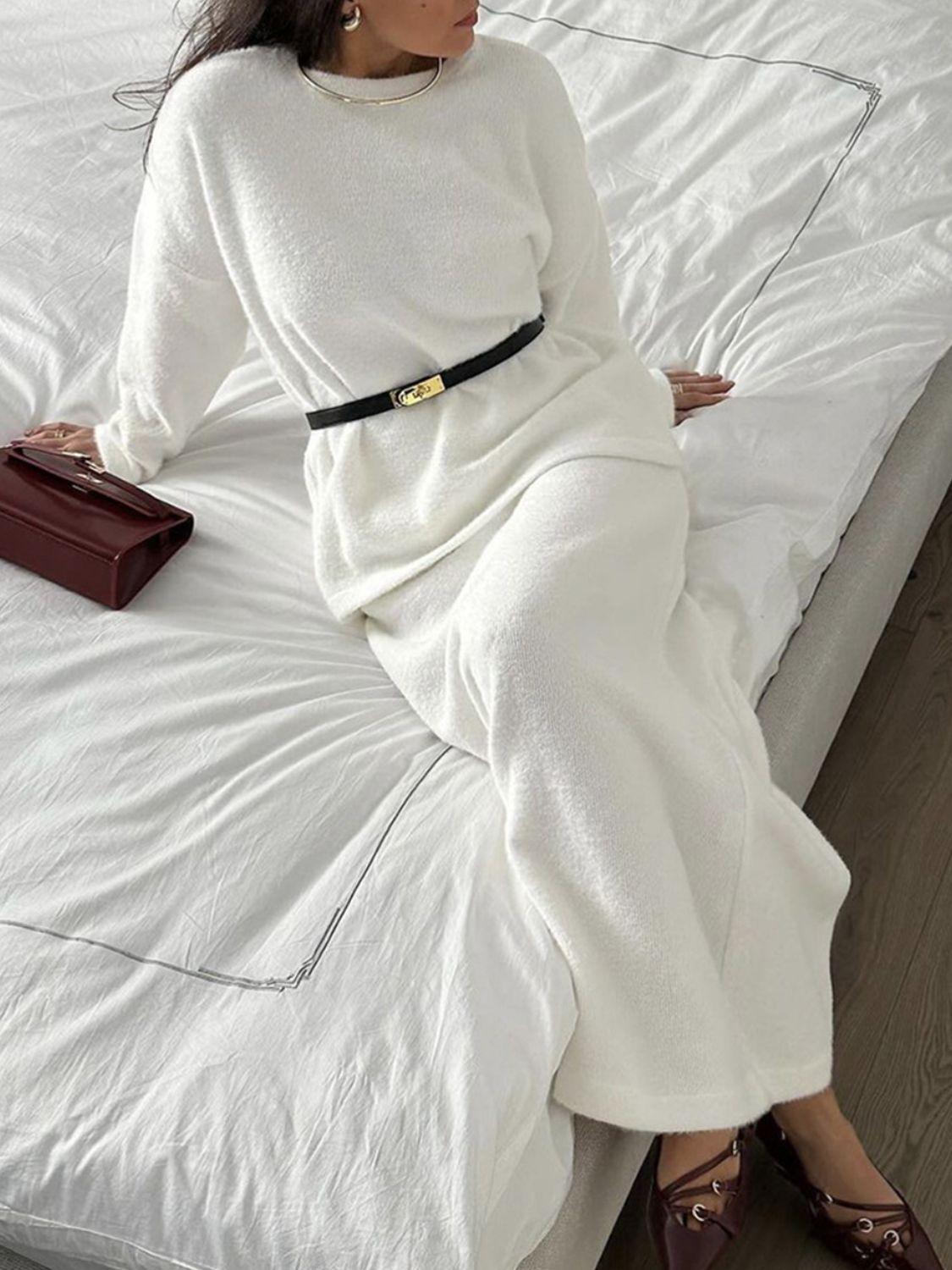 Round Neck Dropped Shoulder Top and Midi Skirt Sweater Set White One Size