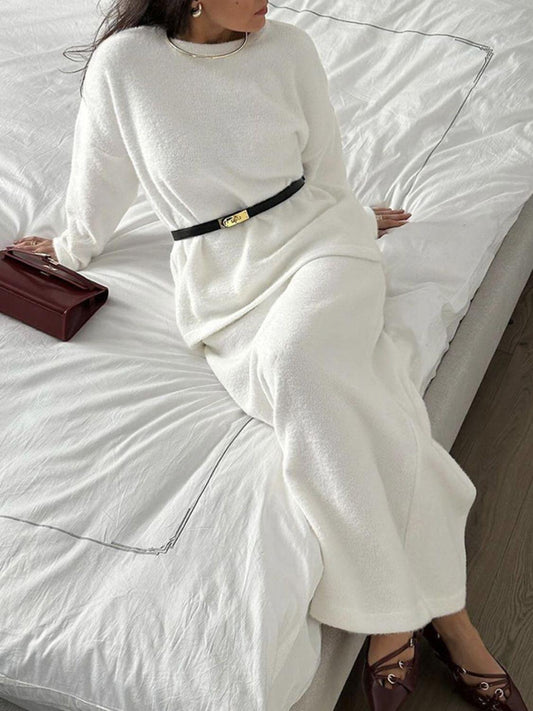 Round Neck Dropped Shoulder Top and Midi Skirt Sweater Set White One Size