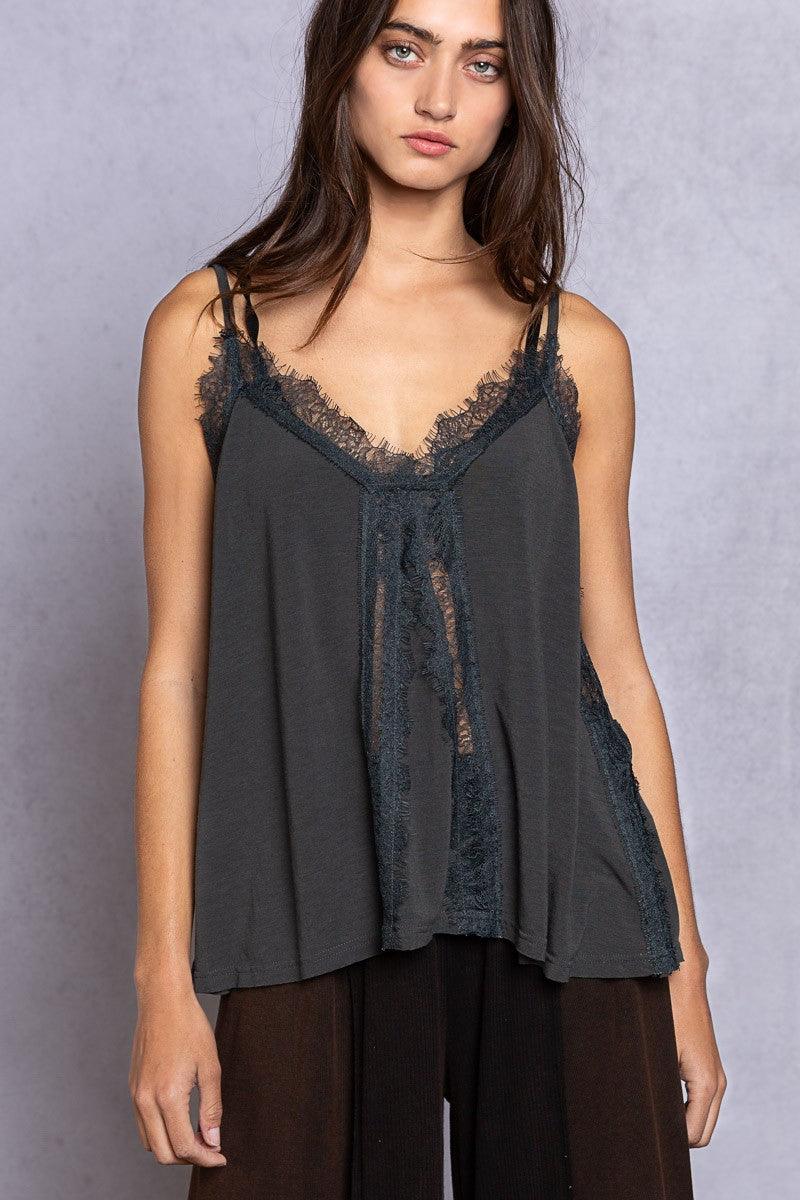 POL Lace Detail V-Neck Cami Dark Gray