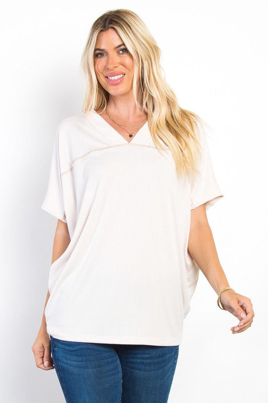 Be Stage Full Size V-Neck Short Sleeve Ribbed Top Beige