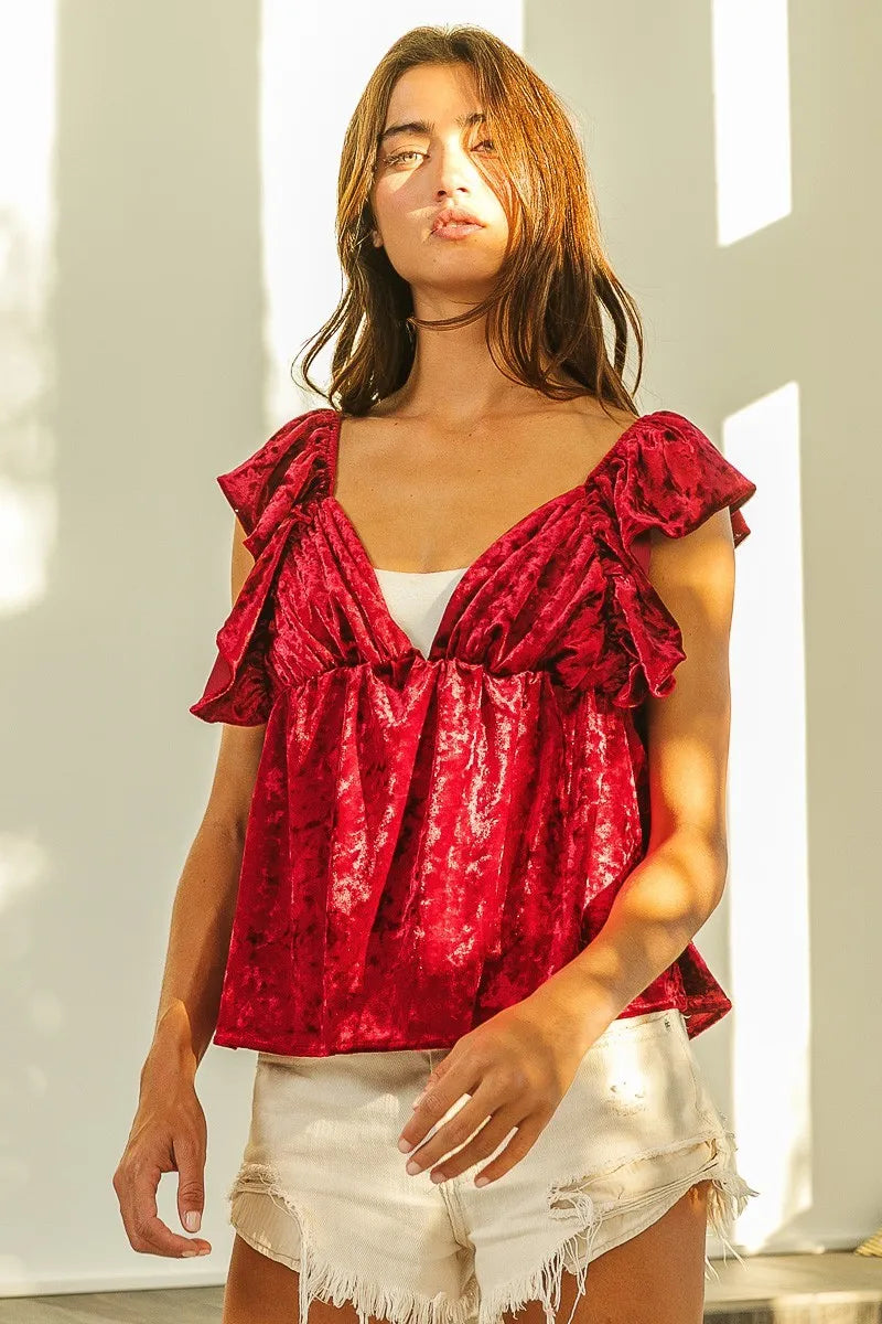 BiBi Ruffled Cap Crush Velvet Peplum Top