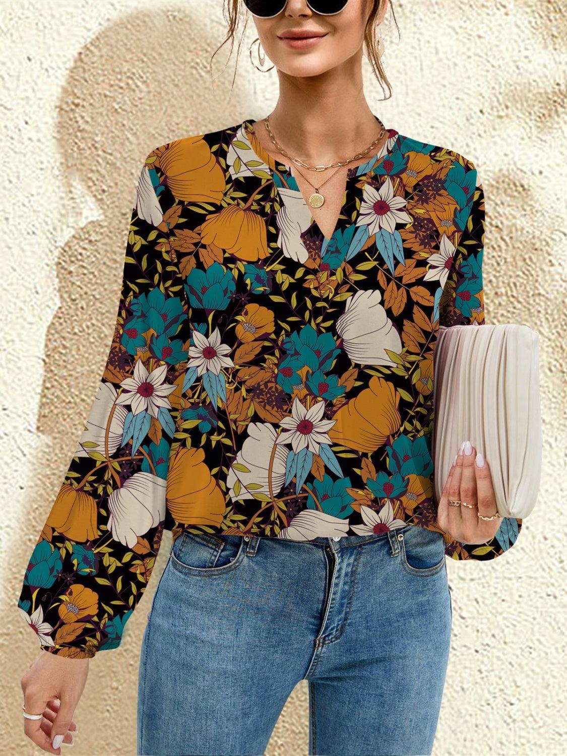 FAM-FAM Printed Notched Long Sleeve Blouse French Blue