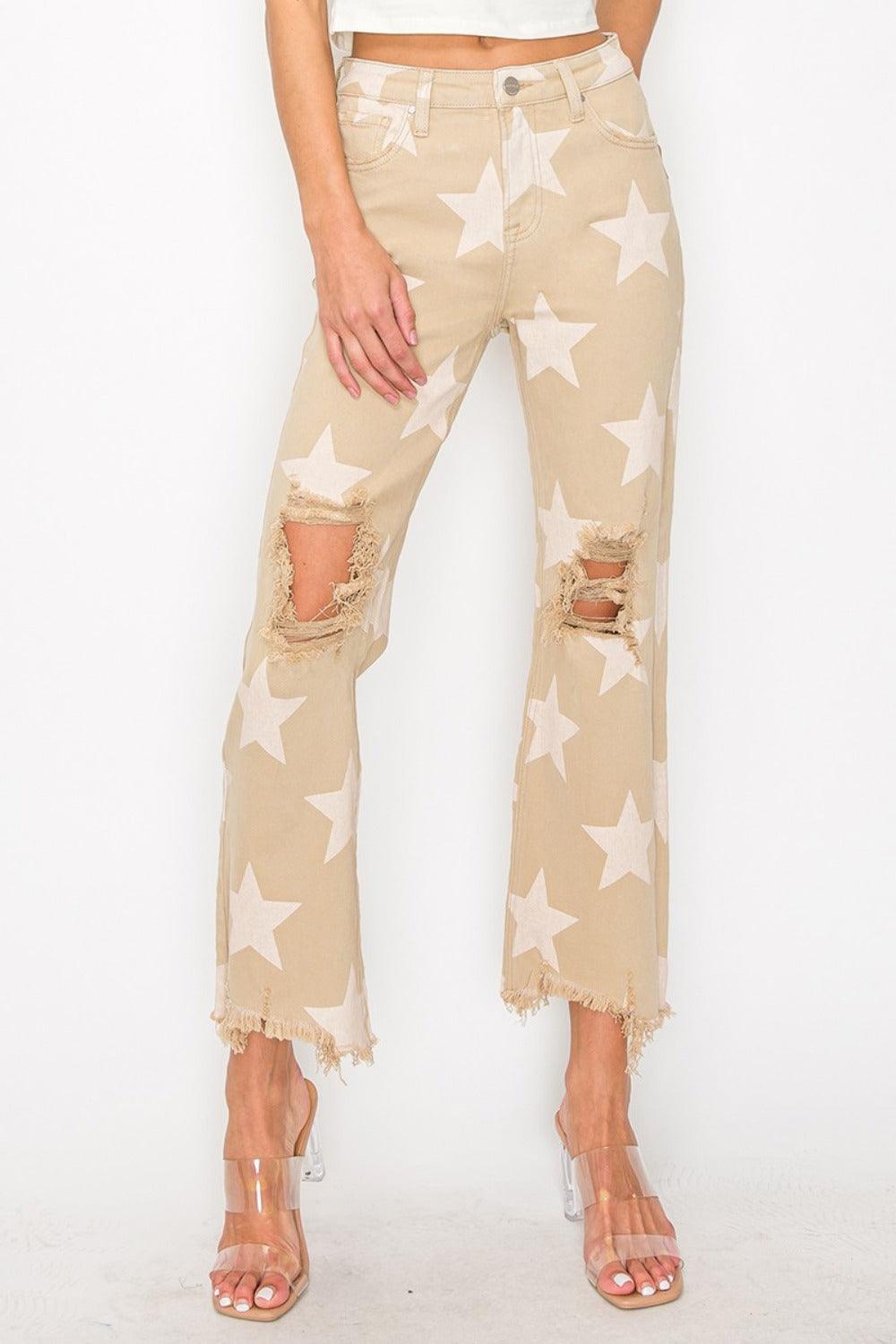 RISEN Full Size High Rise Star Printed Frayed Hem Jeans Khaki