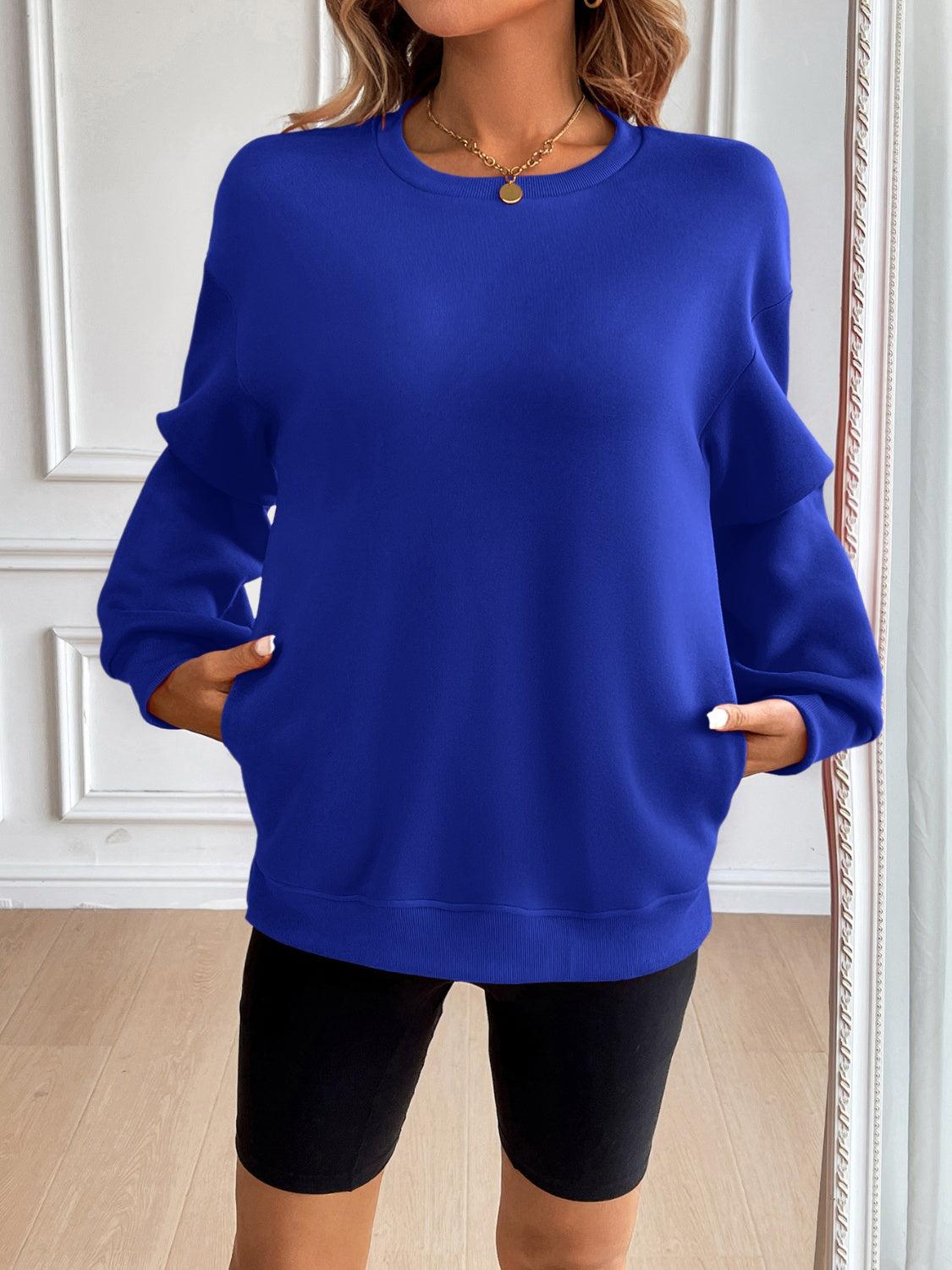 Ivy Lane Round Neck Long Sleeve Sweatshirt Royal Blue