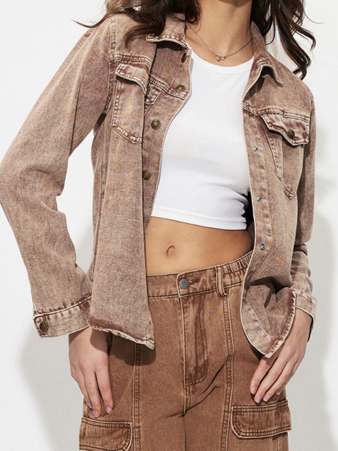 Button Up Long Sleeve Denim Jacket Coffee Brown