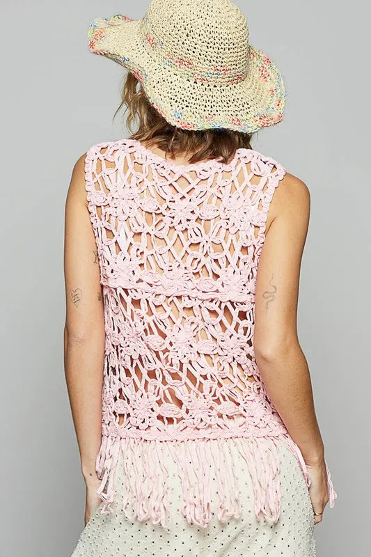 POL Fringe Round Neck Sleeveless Crochet Knit Cover Up