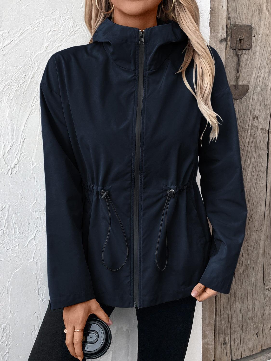 Ivy Lane Drawstring Zip Up Hooded Jacket Navy