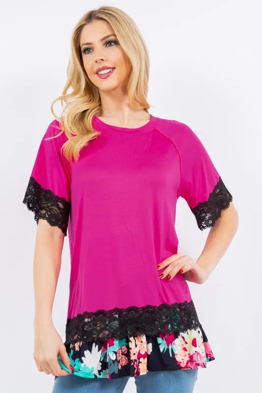Celeste Full Size Lace Trim Short Sleeve Top Plus Size FUCHIA FLORAL