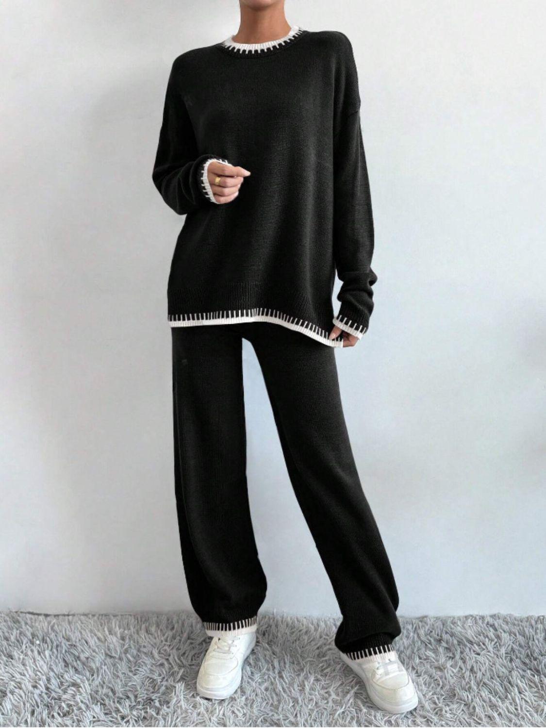Side Slit Contrast Trim Round Neck Top and Pants Sweater Set Black