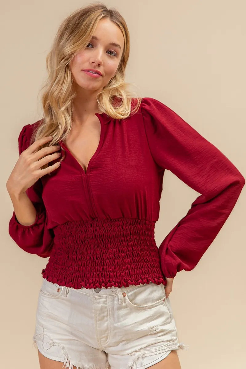 BiBi Smoking Waist Band and Puff Sleeves Deep V Neck Top