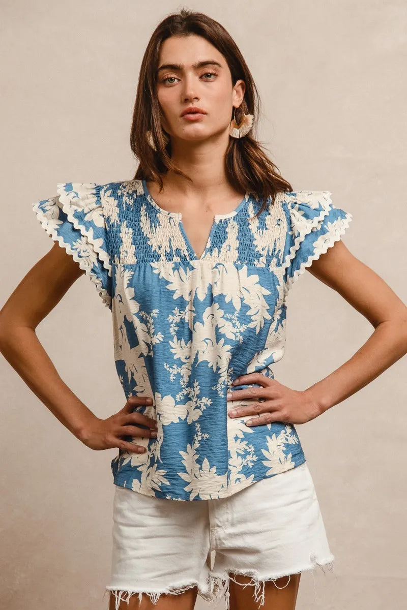 BiBi Floral Prints Wave Trim Smocking Details Short Sleeve Blouse