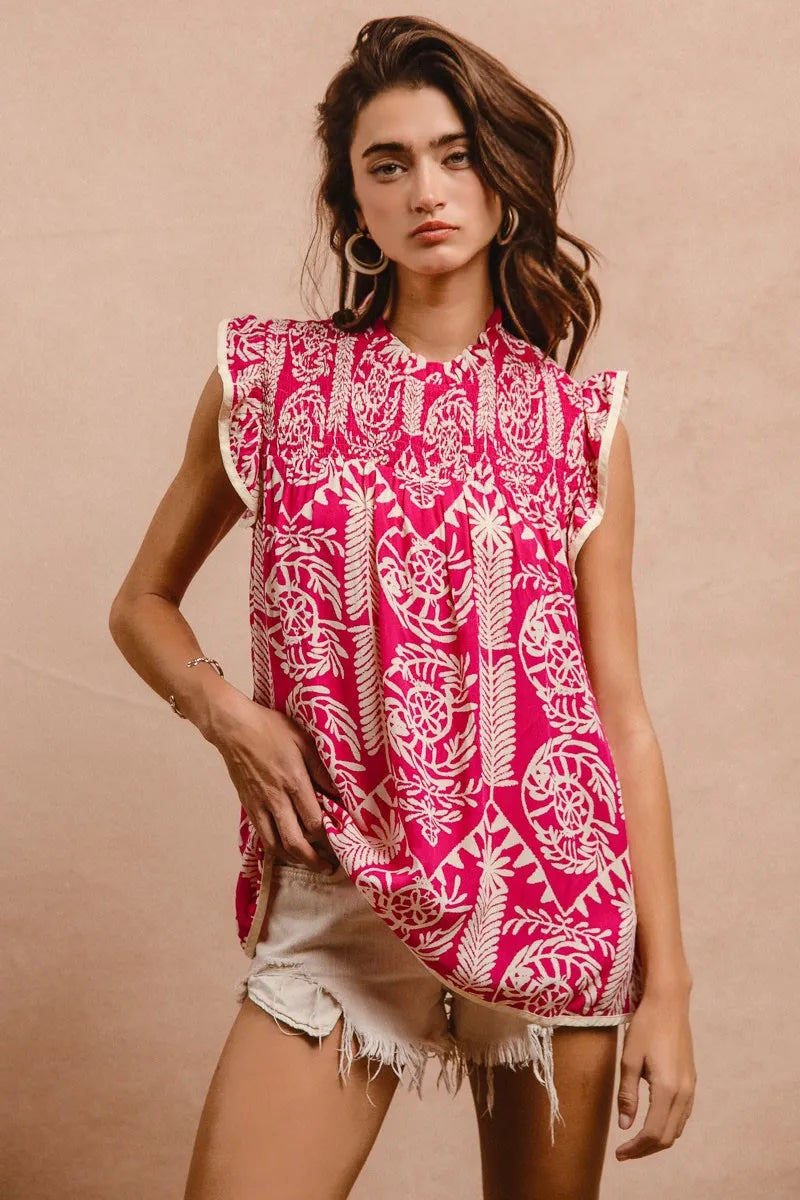 BiBi Printed Ruffle Sleeve Top PINK