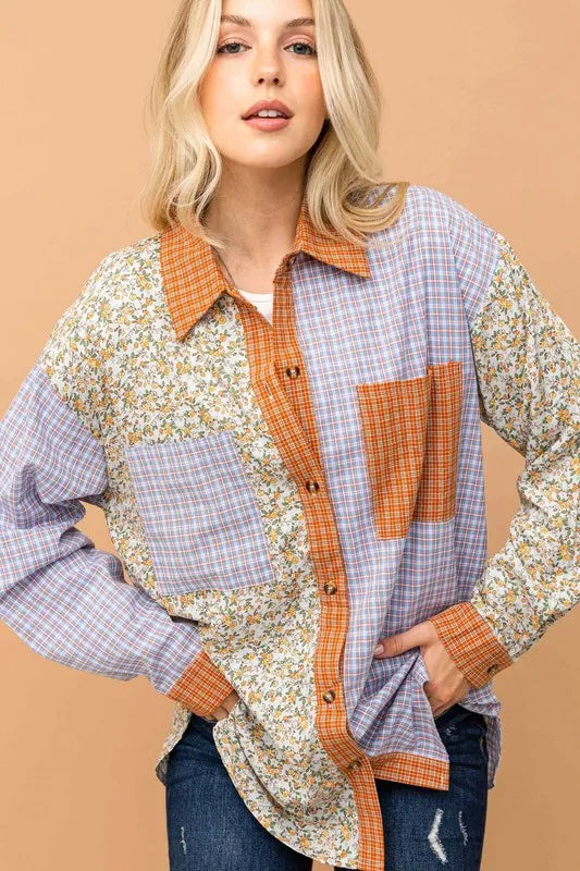 And The Why Floral and Plaid Color Block Shirts with Pocket SERENITY
