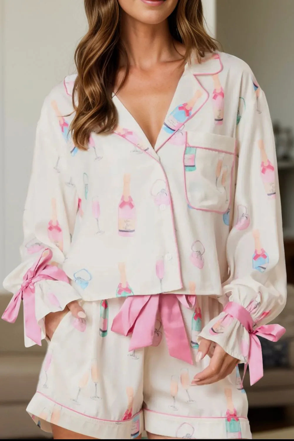 Bow Printed Collared Neck Top and Drawstring Shorts Lounge Set White