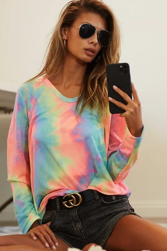BiBi Tie Dye French Terry Long Sleeve Knit Top PASTEL TIEDYE