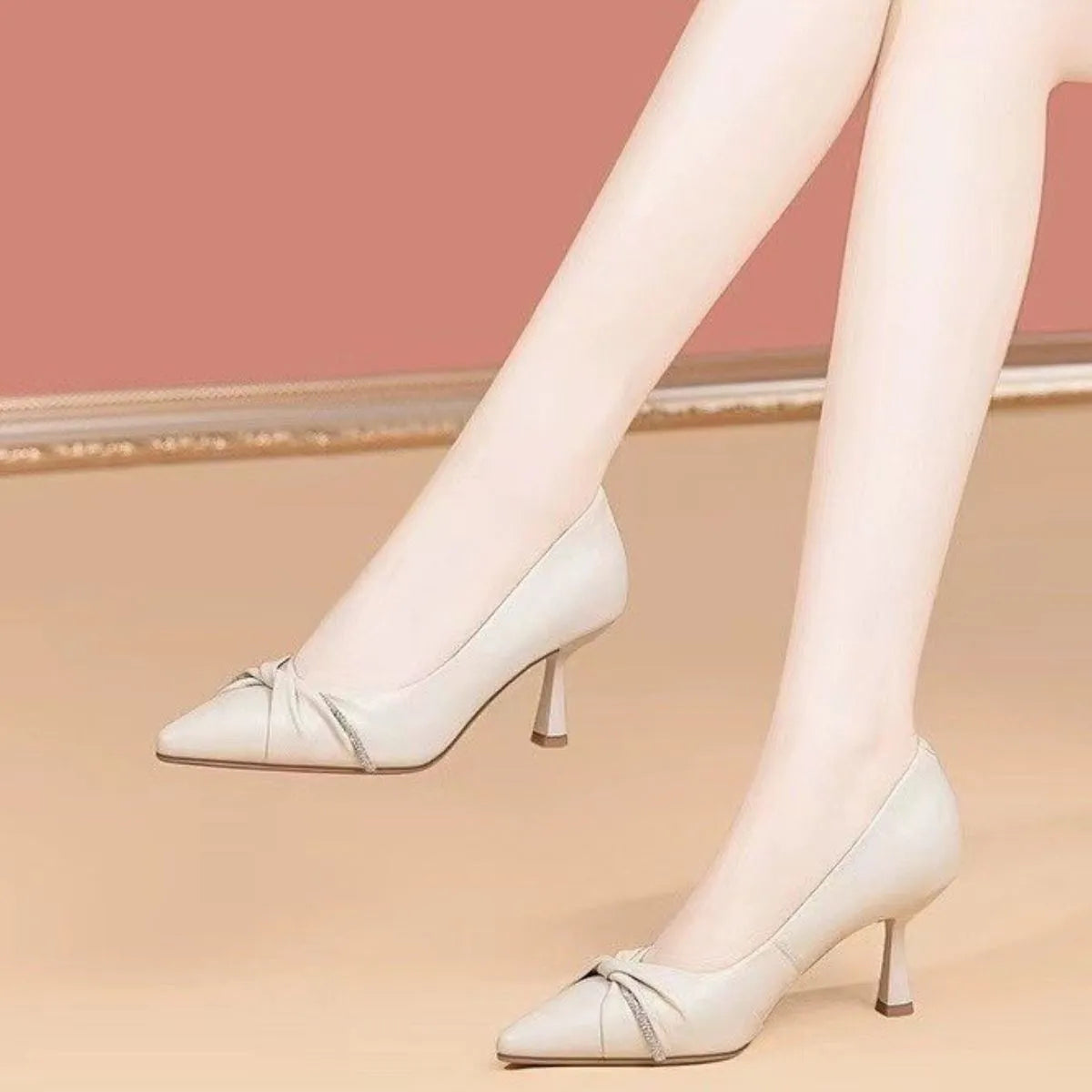 Point Toe Flare Heels Pumps Cream