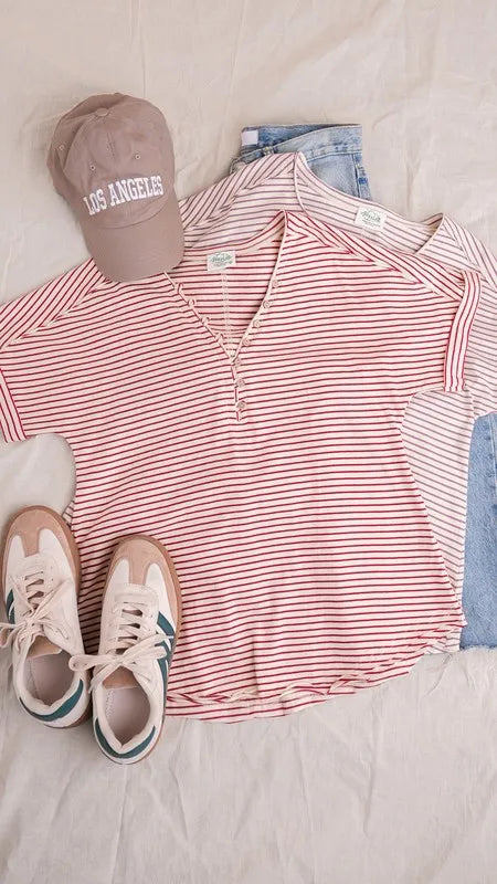 VERY J Striped V-Neck Short Sleeve T-Shirt