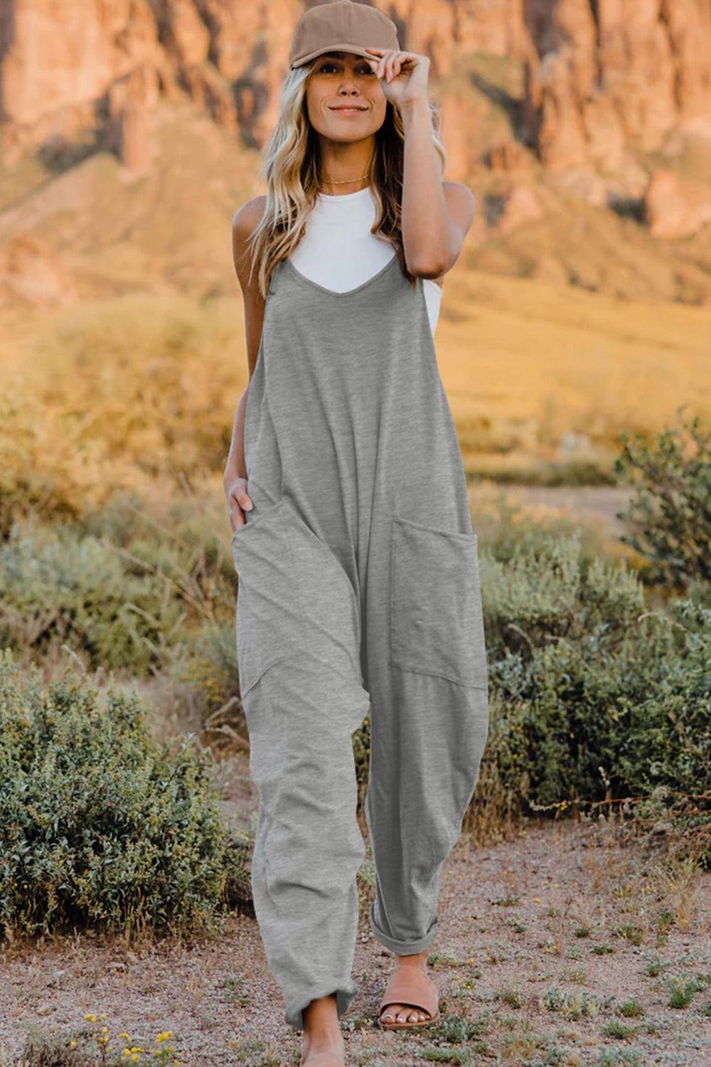 Double Take Full Size V-Neck Sleeveless Jumpsuit with Pockets Light Gray