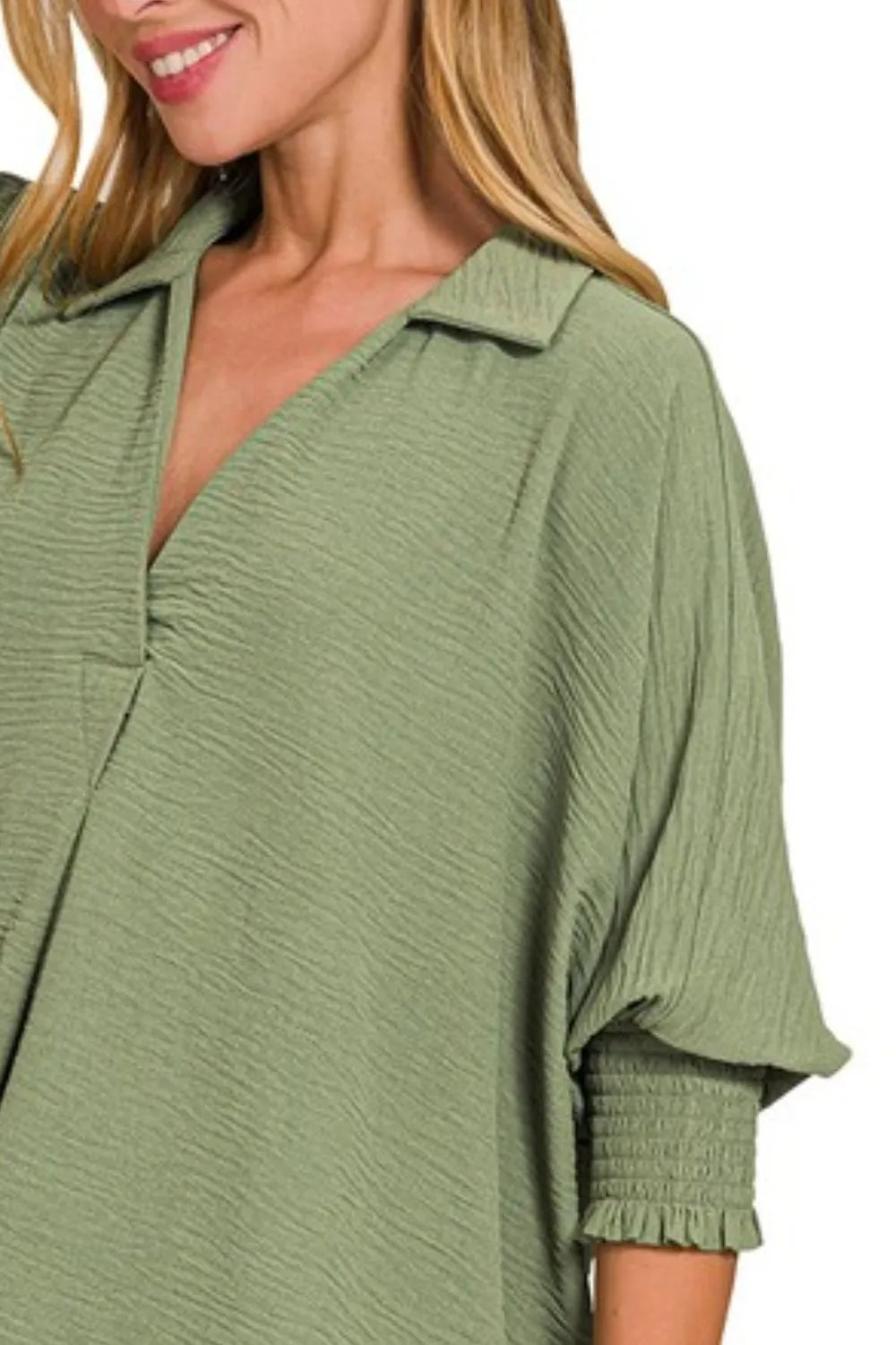 Zenana Airflow Collar Tee with Smocked Sleeve Band Top