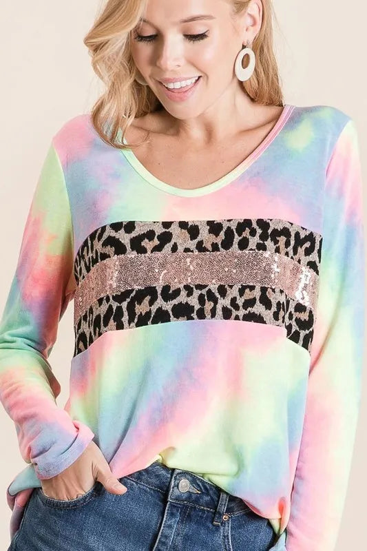 BiBi Tie Dye Deep U-neck Top with Leopard and Sequins
