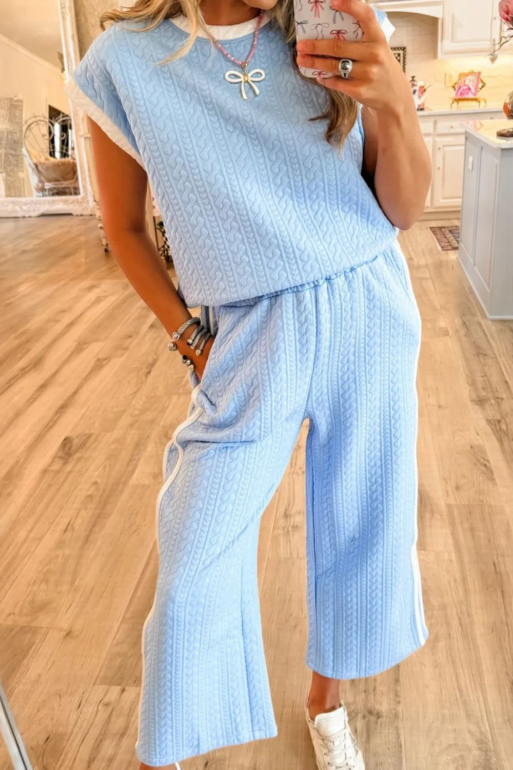 Textured Contrast Edge Top and High Waist Pants Set