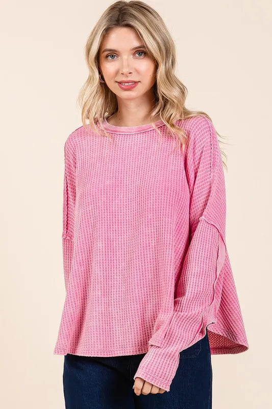Mittoshop Waffle-Knit Exposed Seam Round Neck Top
