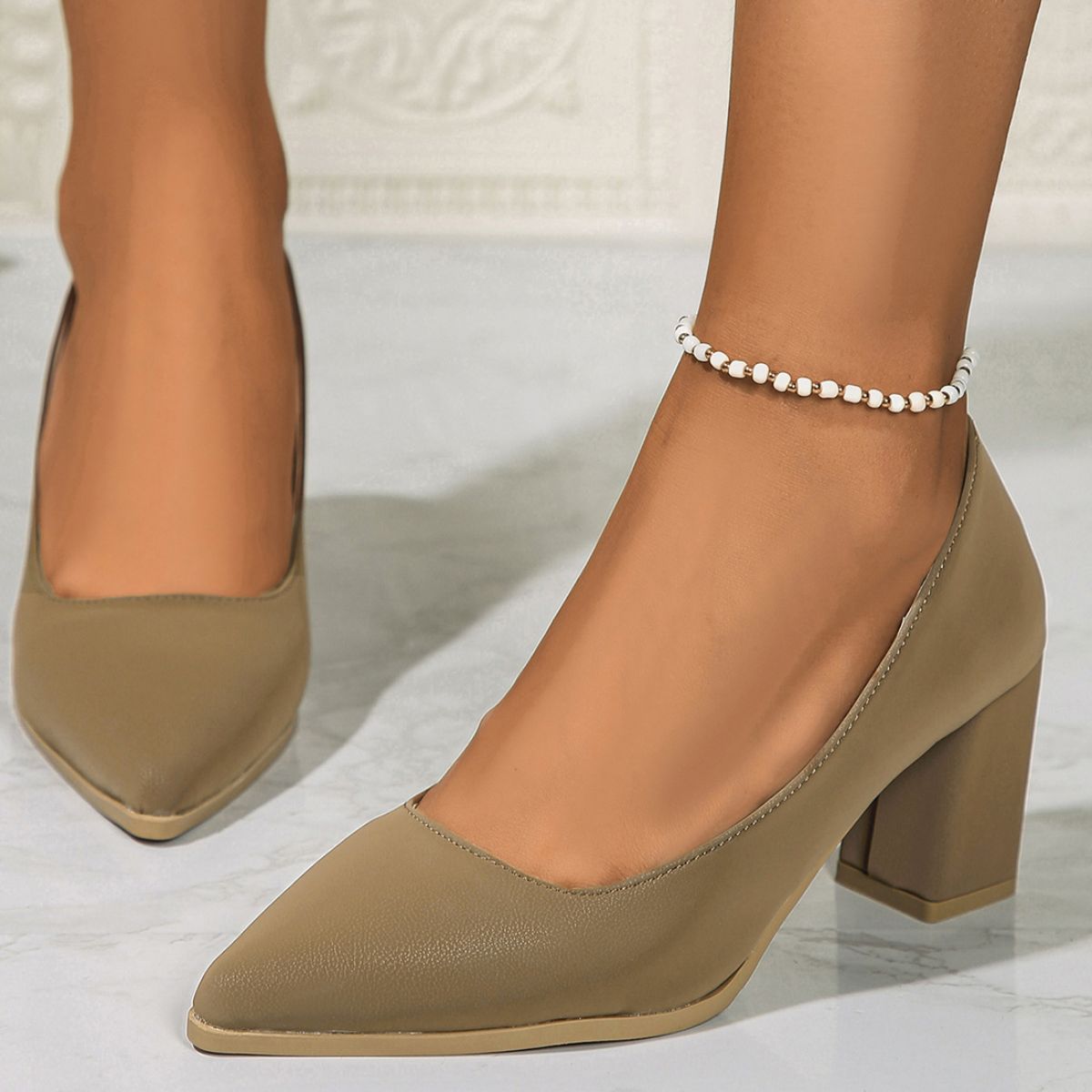 Point Toe Block Heels Pumps Khaki