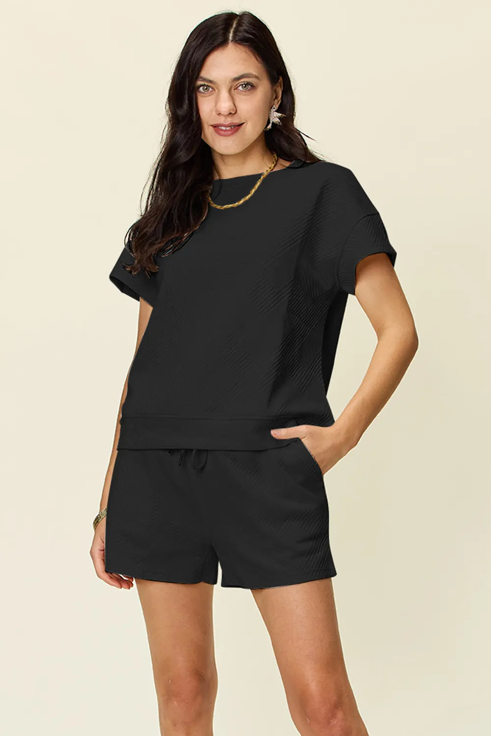 Double Take Full Size Texture Short Sleeve T-Shirt and Drawstring Shorts Set Black