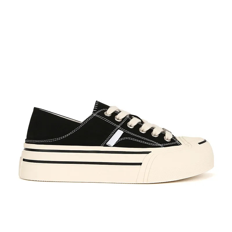 Round Toe Lace Up Platform Canvas Sneakers Black