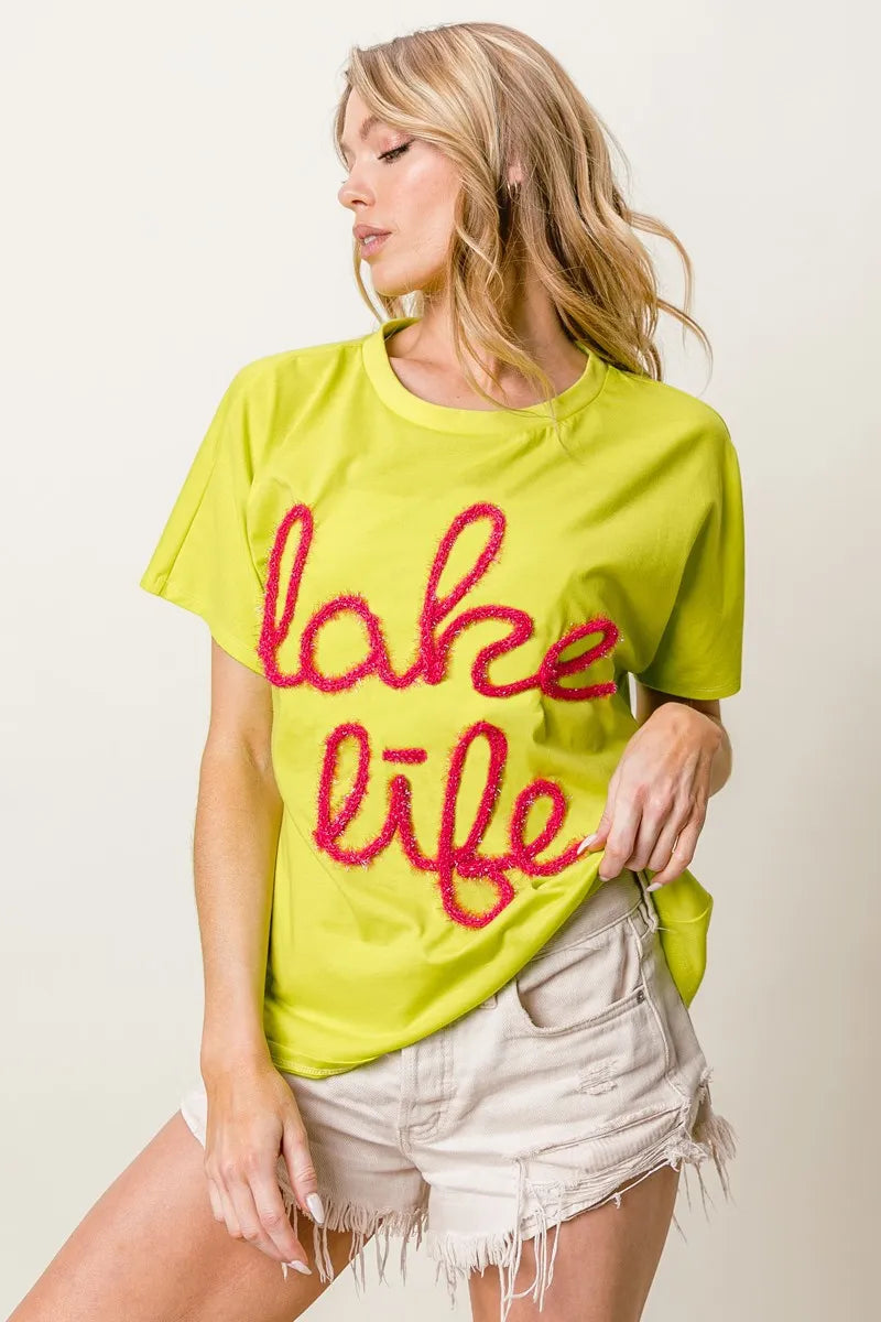 BiBi Metallic Letter Short Dolman Sleeve Top NEON GREEN