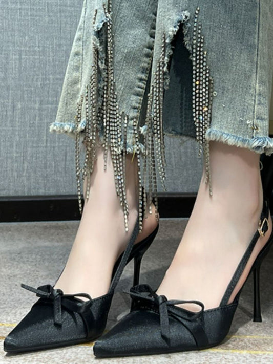 Bow Point Toe Stiletto Slingback Pumps Black